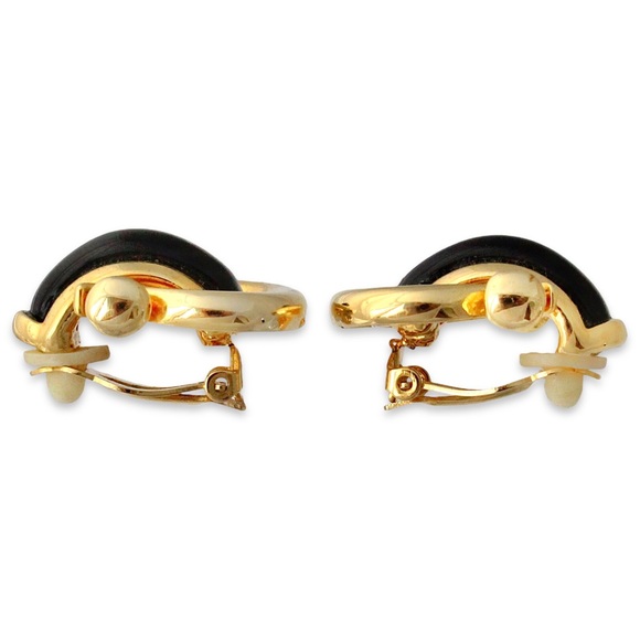 Vintage Black Lucite Door Knocker Clip On Earrings Gold Plated Doorknocker - Picture 3 of 4